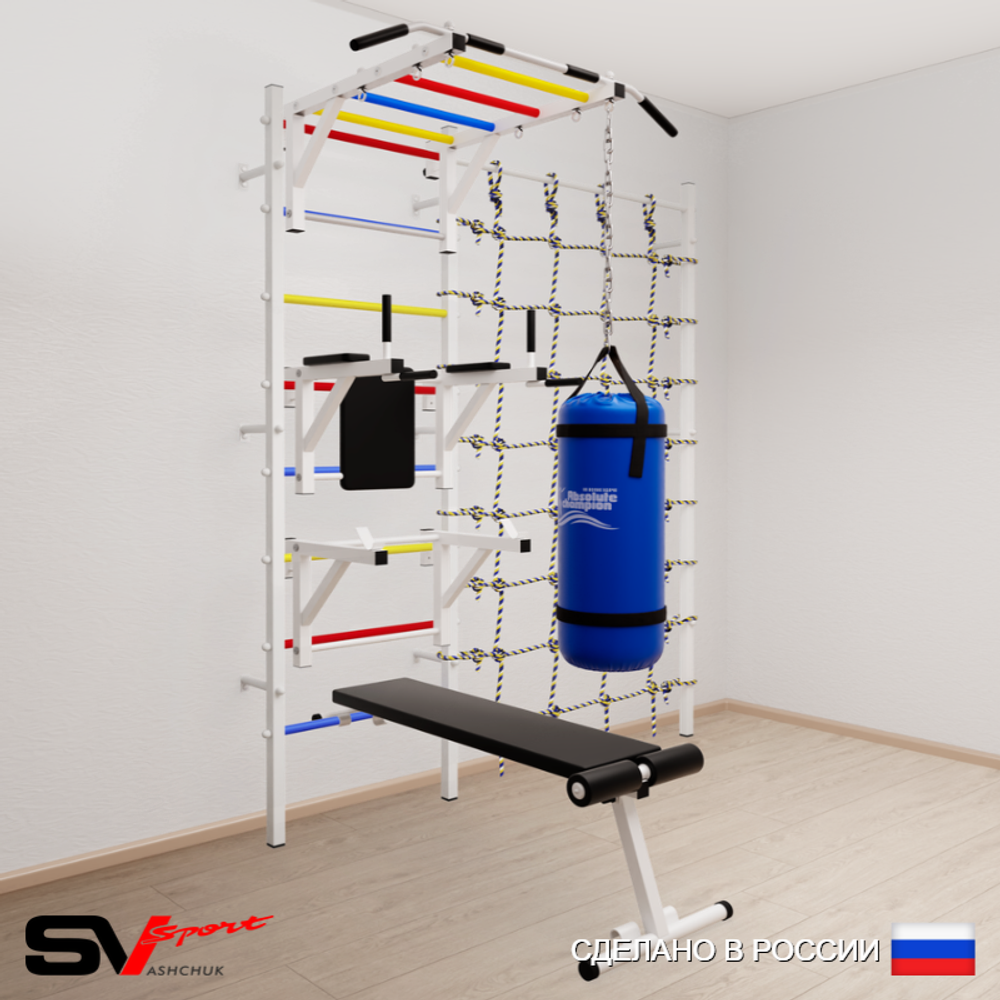 Шведская стенка Sv Sport усиленная 62630 (Турник рукоход/Брусья/Стойка/Скамья/Цепь/Мешок 30кг/Канатный лаз)