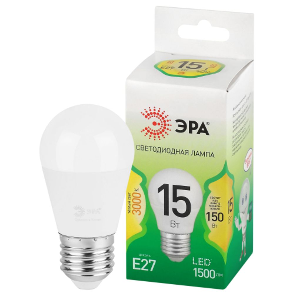 Лампа светодиодная ЭРА GREEN LINE LED P45-15W-830-E27 GL 15Вт шар теплый свет E27 | Лампы cветодиодные Шар (G/P)
