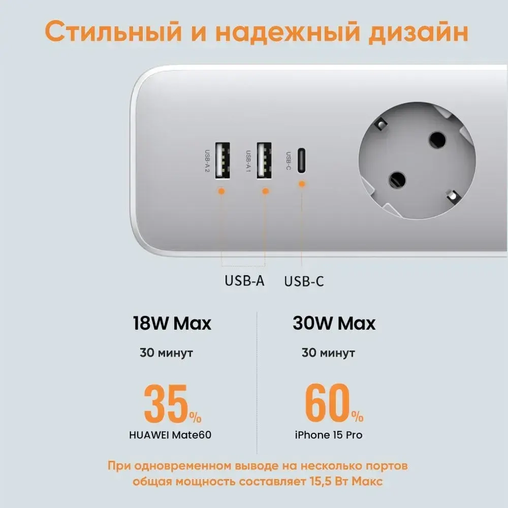 Сетевой фильтр (удлинитель) UGREEN CD286 (25357) с розетками 30W 3AC Power Strip with Master Switch (2A1C) EU. Цвет: белый