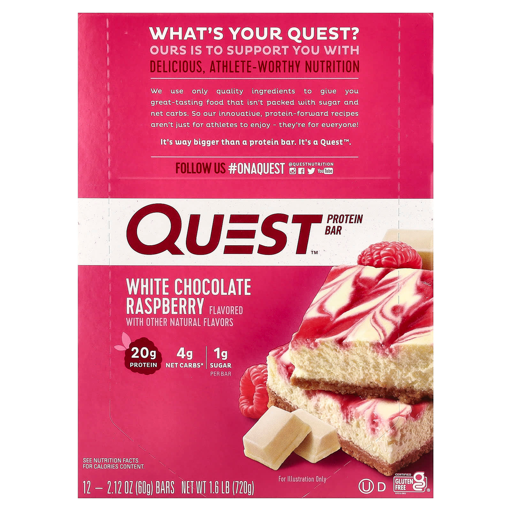 Quest Nutrition, Белковый батончик Quest, белый шоколад с малиной, 12 батончиков, 2,12 унц. (60 г) каждый