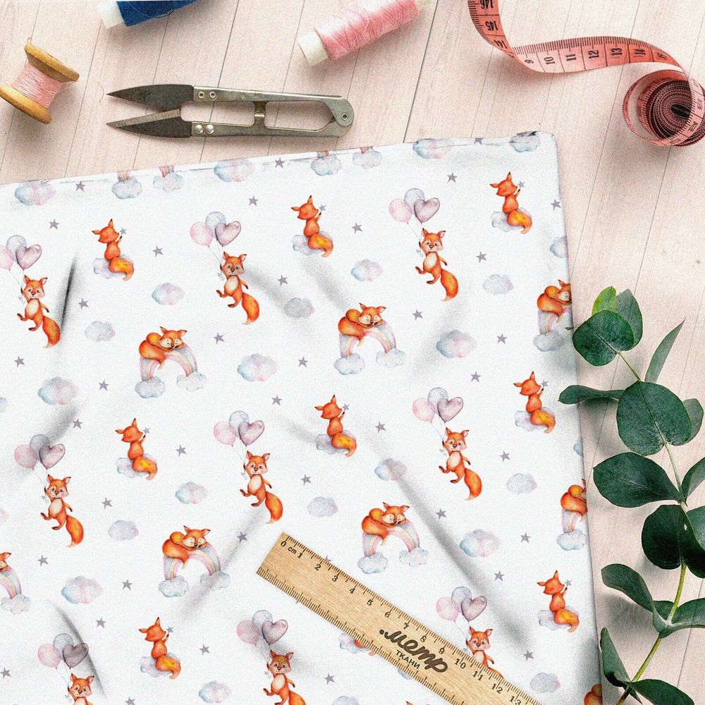 Ткань флис лисята на воздушных шарах