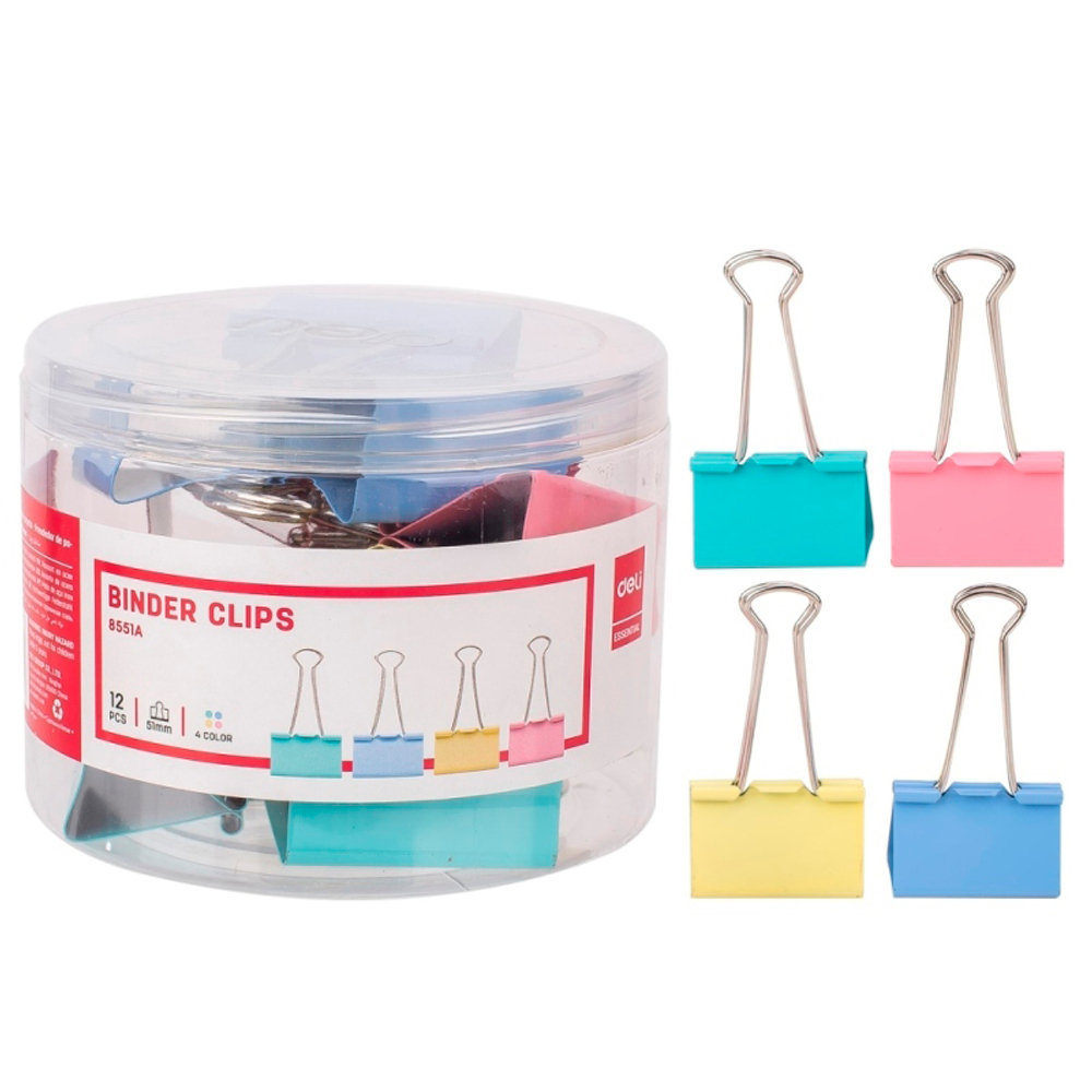 Зажимы для бумаг DELI, 51 мм, цветные, (12 шт.)
