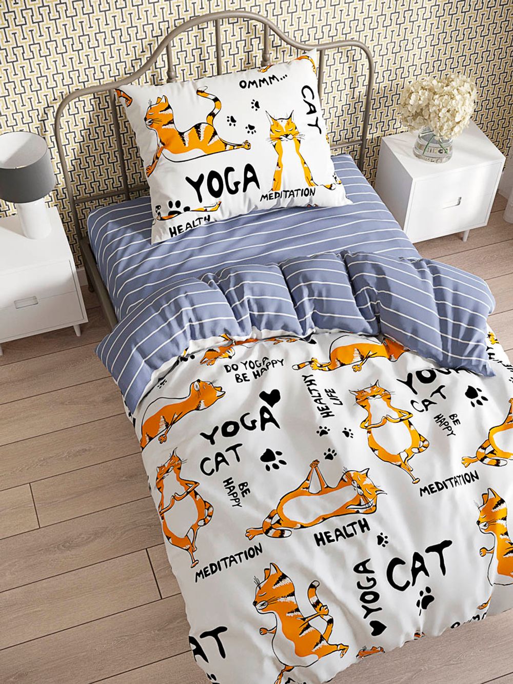 Постельное белье поплин Сказка "Yogacat/Yogacat (компаньон)" 1,5-сп Наволочка 50х70 см 1 шт Простынь 150x215 см Пододеяльник 145x215 см