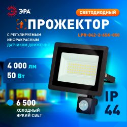 Прожектор светодиодный уличный ЭРА LPR-042-2-65K-050 50Вт 6500K IP44 рег инфракрасный датчик движения гарантия 2 года | Прожекторы Стандарт