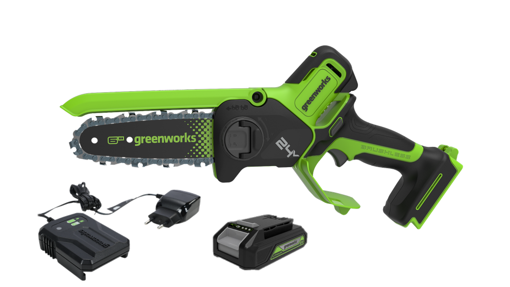 Цепная мини пила аккумуляторная Greenworks GD24CS15, 24V, 15см, бесщеточная, с автоматической смазкой цепи, c АКБ 4Ач и ЗУ ( 2010107UB) в сумке