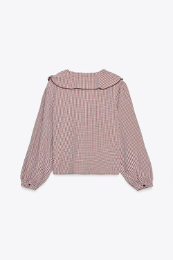 ZARA БЛУЗА В КЛЕТКУ ВИШИ С ВОЛАНАМИ, БОРДОВЫЙ/ЭКРЮ
