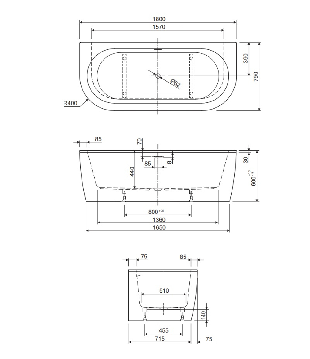 Ванна акриловая 180х80 Cezares SLIM WALL-180-80-60-NERO-SET
