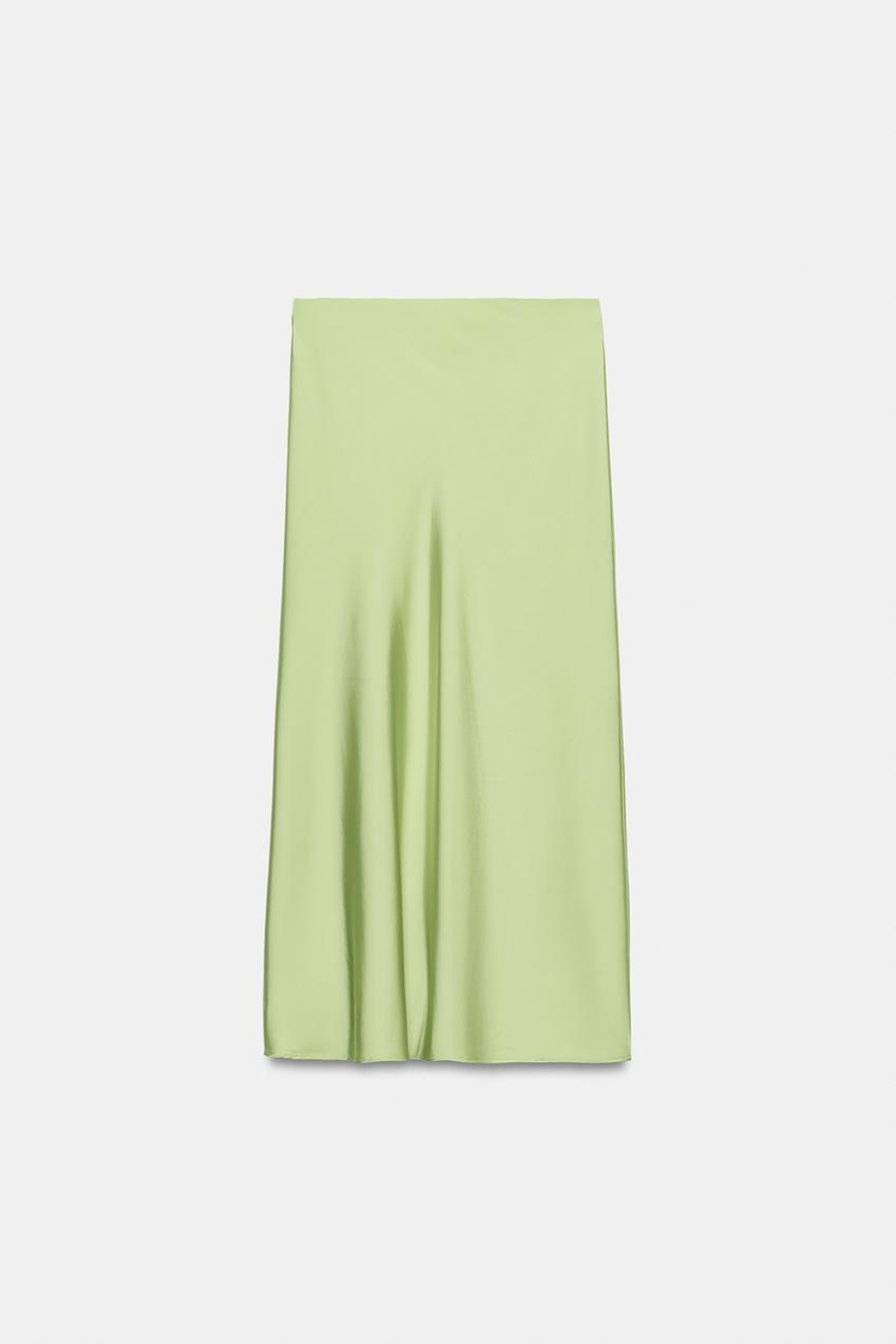 ZARA АТЛАСНАЯ ЮБКА МИДИ, ЯБЛОЧНО-ЗЕЛЕНЫЙ