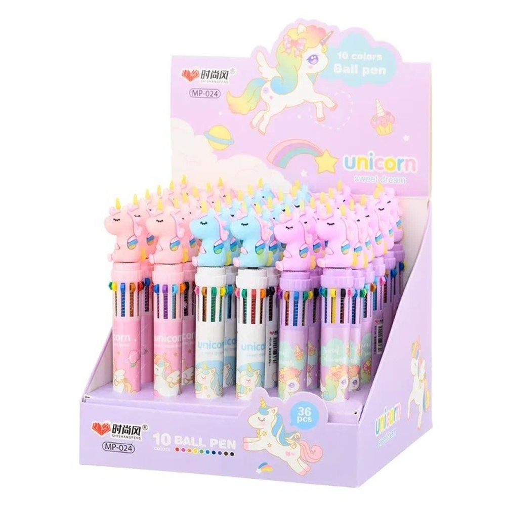 Ручка шариковая, автоматическая, 10в1, Basir, серия "ЕДИНОРОГ", 10-ти цветная, с резиновой фигуркой, 36 шт