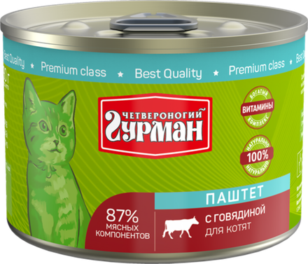Корм консервированный для котят Четвероногий гурман "Паштет с говядиной", 190 г