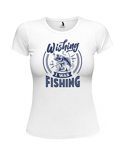 Футболка Wishing I was fishing женская приталенная белая с синим рисунком