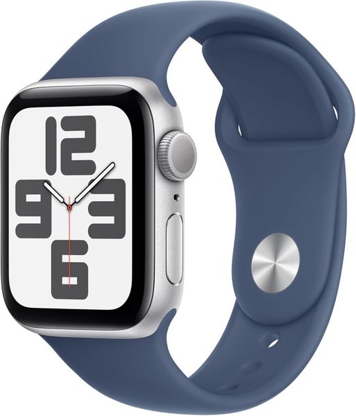 Умные часы Apple Watch SE 2024 40 мм из алюминия серебристого цвета, спортивный ремешок цвета «синий деним» (M/L)