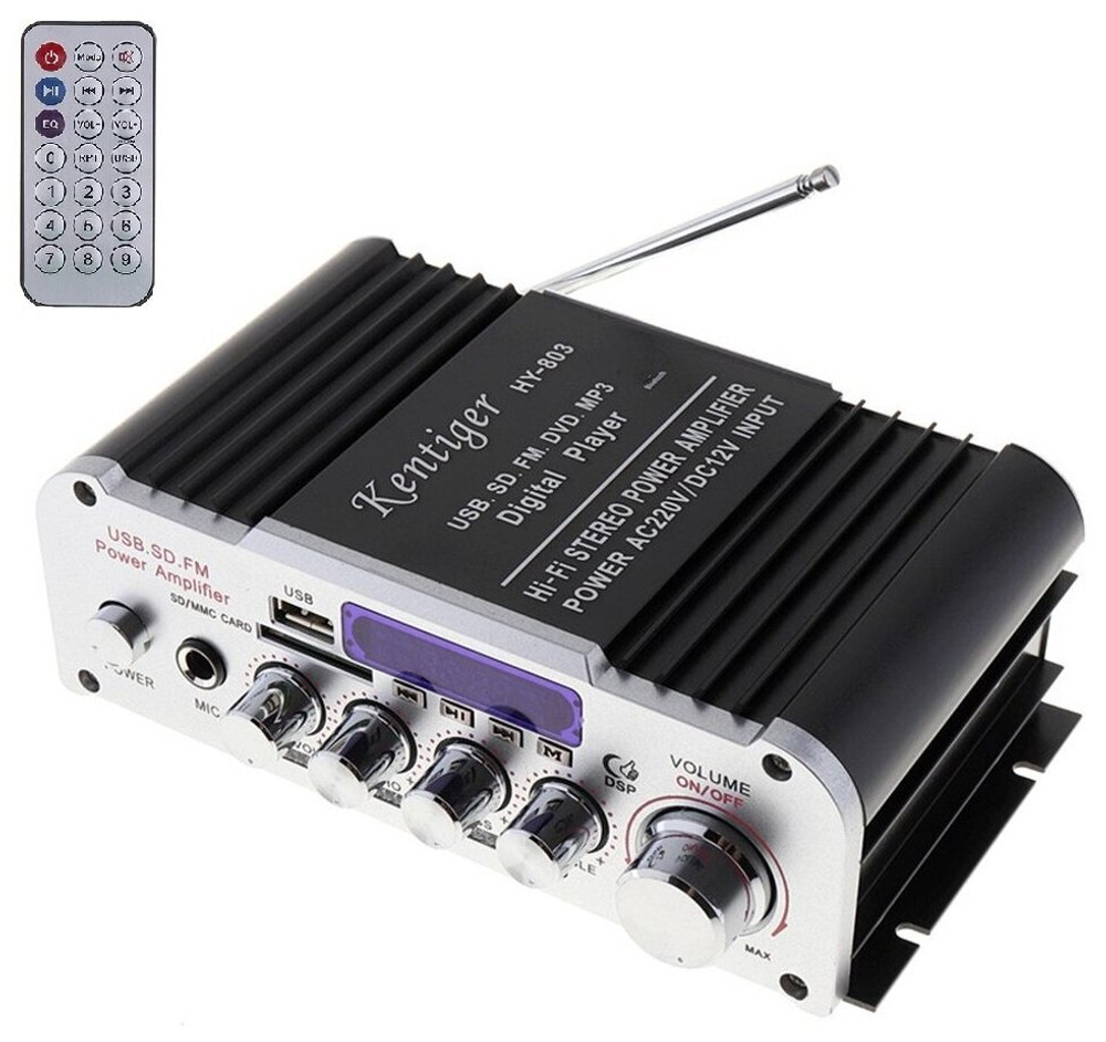 Усилитель звука Kentiger HY803 2х20Вт (Bluetooth, FM-радио) (блок питания приобретается отдельно)