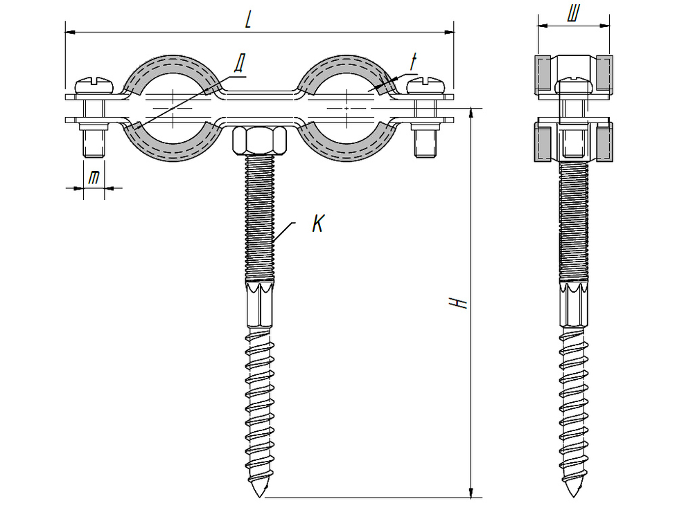 ТМС Хомут двойной М8 32-35 мм 1" + винт-шуруп М8х90 мм + дюбель