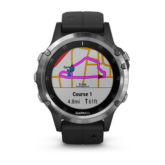 Мужские мультиспортивные часы Garmin Fenix 5 Plus - серебристые с черным ремешком 010-01988-11