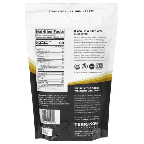 Terrasoul Superfoods, необработанные целые орехи кешью, необжаренные, 454 г (16 унций)