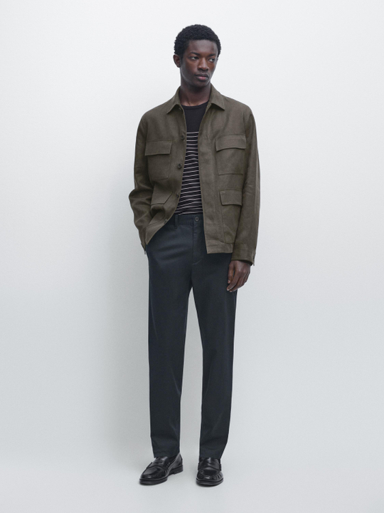 Massimo Dutti Зауженные брюки из смесовой хлопковой ткани, темно-синий