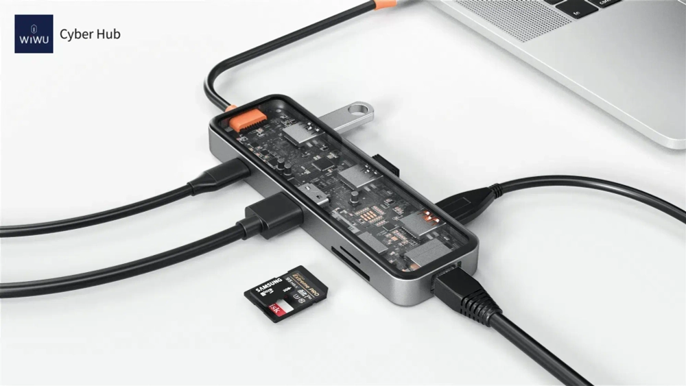 Адаптер Wiwu Cyber HUB USB-C 8 в 1 на 2xUSB 3.0/USB 2.0/SD/TF (3.0)/HDMI (4K30)/PD/RJ45 (CB008) (Gray)