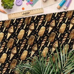 Ткань бифлекс мороженое крем-брюле с печеньем на чёрном фоне