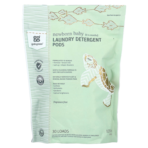Grab Green, капсулы для стирки новорожденных, для детей 0–4 месяцев, без отдушек, 30 загрузок, 480 г (1,05 фунта)
