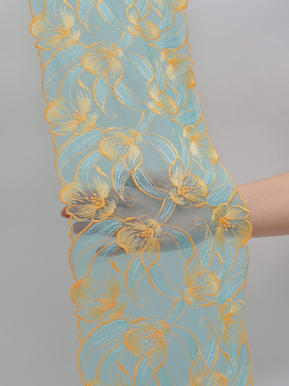 Вышивка на сетке яркий тиффани с насыщенным желтым эластичная ширина 22 см