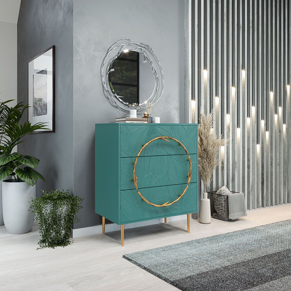 Комод Арт Колор leaves Стайл Голд с 3 ящиками Пастельно-синий