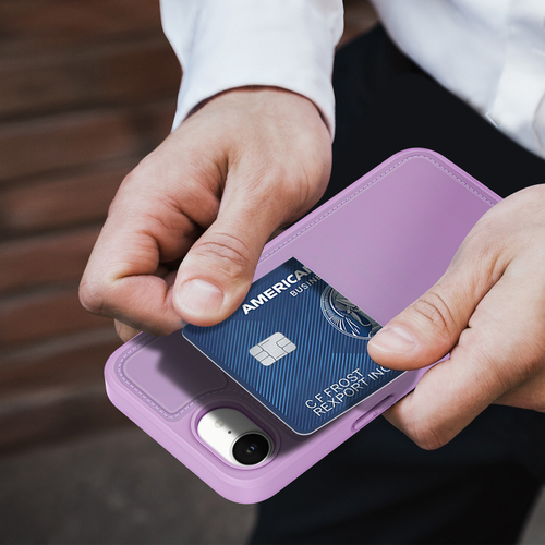 Чехол фиолетового цвета с MagSafe и подставкой-картхолдером от Dux Ducis для iPhone 16e, серия Rafi II Mag Series