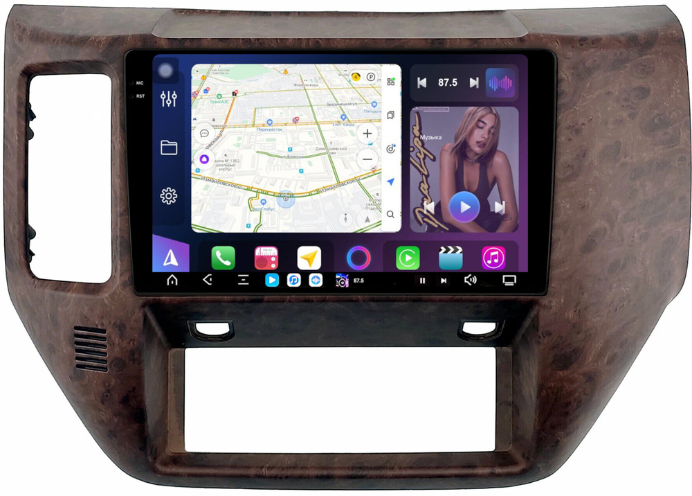 Магнитола для Nissan Patrol Y61 2004-2010 (рамка дерево) - FarCar XXL3258M монитор 9.5" 2K QLED на Android 14, TS20, 8+256Гб, CarPlay, 4G SIM-слот