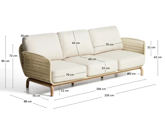 Уличный диван Alipa из акации и веревки цвета экрю 235 см