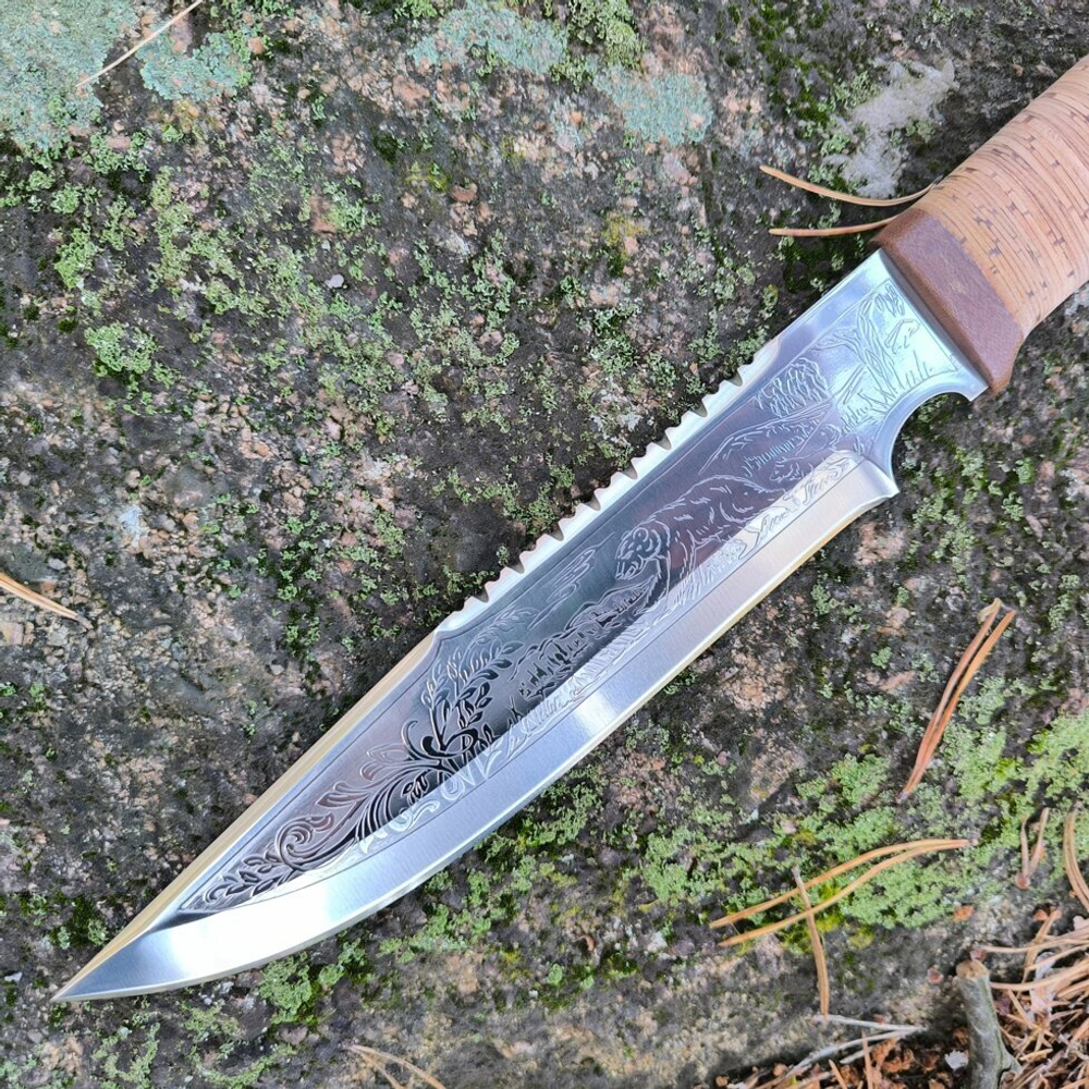 Мощный нож НС-05 (Х50СrМо15) береста, гравировка (Златоуст)