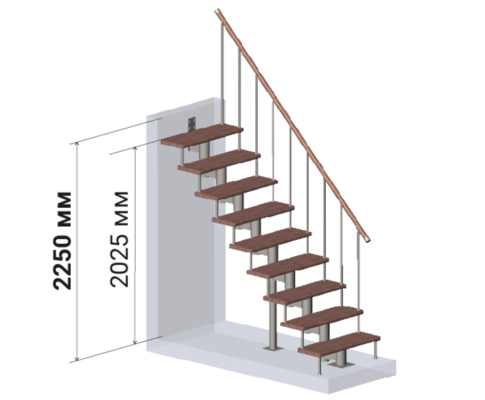 Ограждение для прямой лестницы PROSTO MODULE h225, стойки крашеные