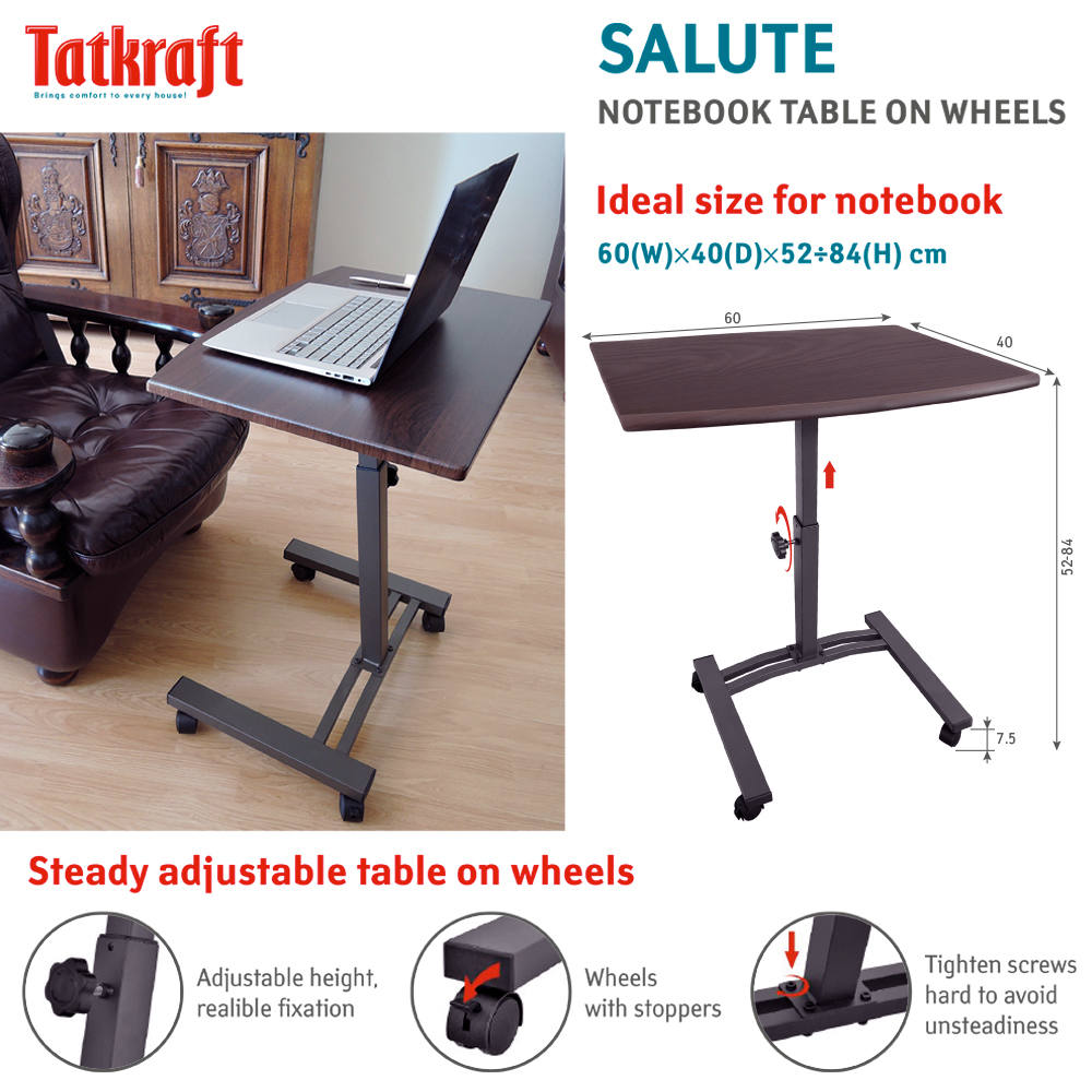 Столик для ноутбука, Cтолик для ноутбука с регулировкой высоты, на колесах, прикроватный столик, Tatkraft Salute, 5