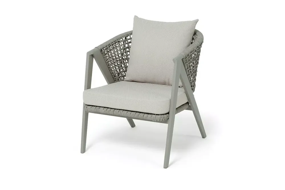 "Амстердам" кресло плетеное из роупа, каркас алюминий, роуп серый круглый, ткань бежевая