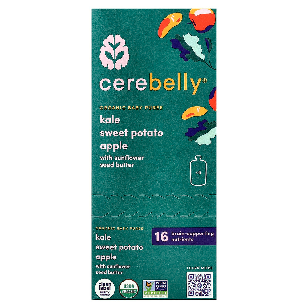 Cerebelly, Organic Baby Puree, Kale, Sweet Potato, Apple with Sunflower Seed Butter , 6 Pouches, 4 oz (113 g) Each