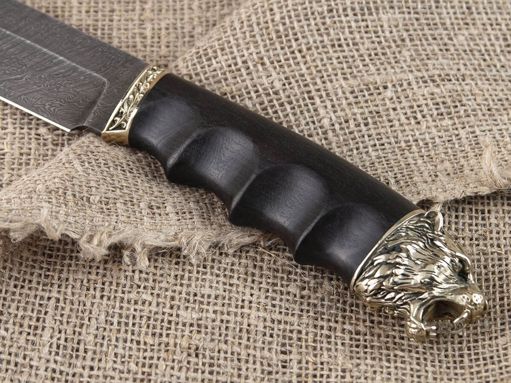 Нож "Тигр большой", дамасская сталь, рукоять черный граб мореный, литье голова зверя