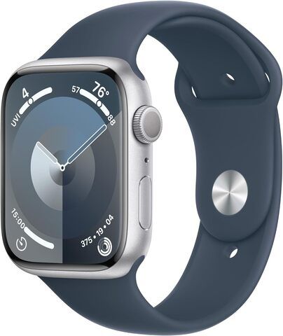Умные часы Apple Watch Series 9 45 мм из алюминия серебристого цвета, спортивный ремешок «грозовой синий» (S/M)