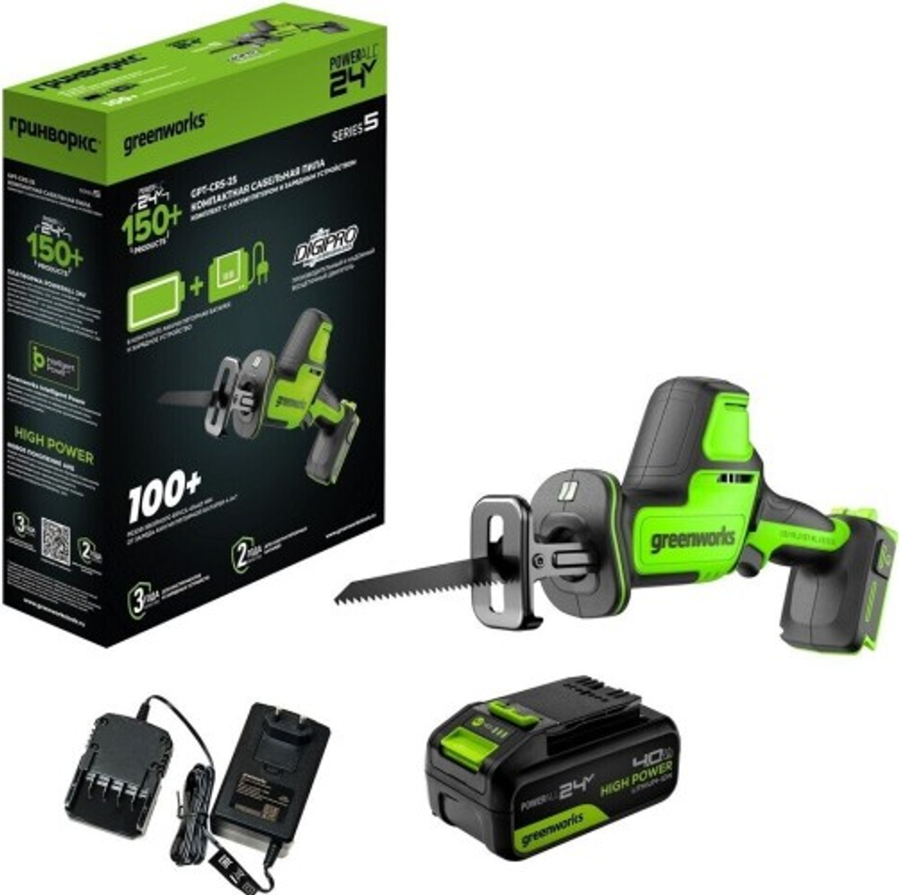 Пила сабельная аккумуляторная GREENWORKS GPT-CRS-25 24V, АКБ 4Ач и ЗУ 1200507CUB
