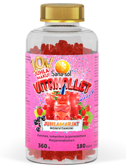 Детская пищевая добавка Sana-sol Vitanallet Juhlamerjat 180 шт., мультивитамины, жевательные витаминные мишки с девятью важными витаминами
