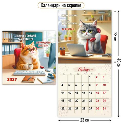 Календарь на скрепке 230х230 2027 "Кот" 10098 (Квадра)