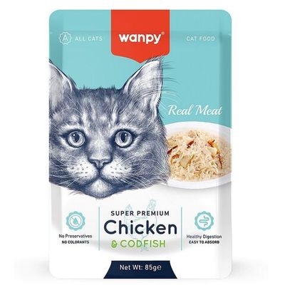 Влажный корм Wanpy Cat для кошек из курицы и трески, Пауч 85 г