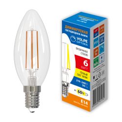 LED-C35-6W-3000K-E14-CL-DIM-SLF Лампа светодиодная. диммируемая. Форма свеча. прозрачная. Теплый белый свет 3000K. ТМ Volpe