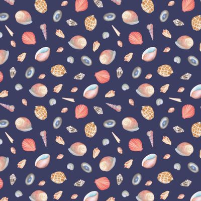 Акварельный паттерн из ярких ракушек на темном фоне