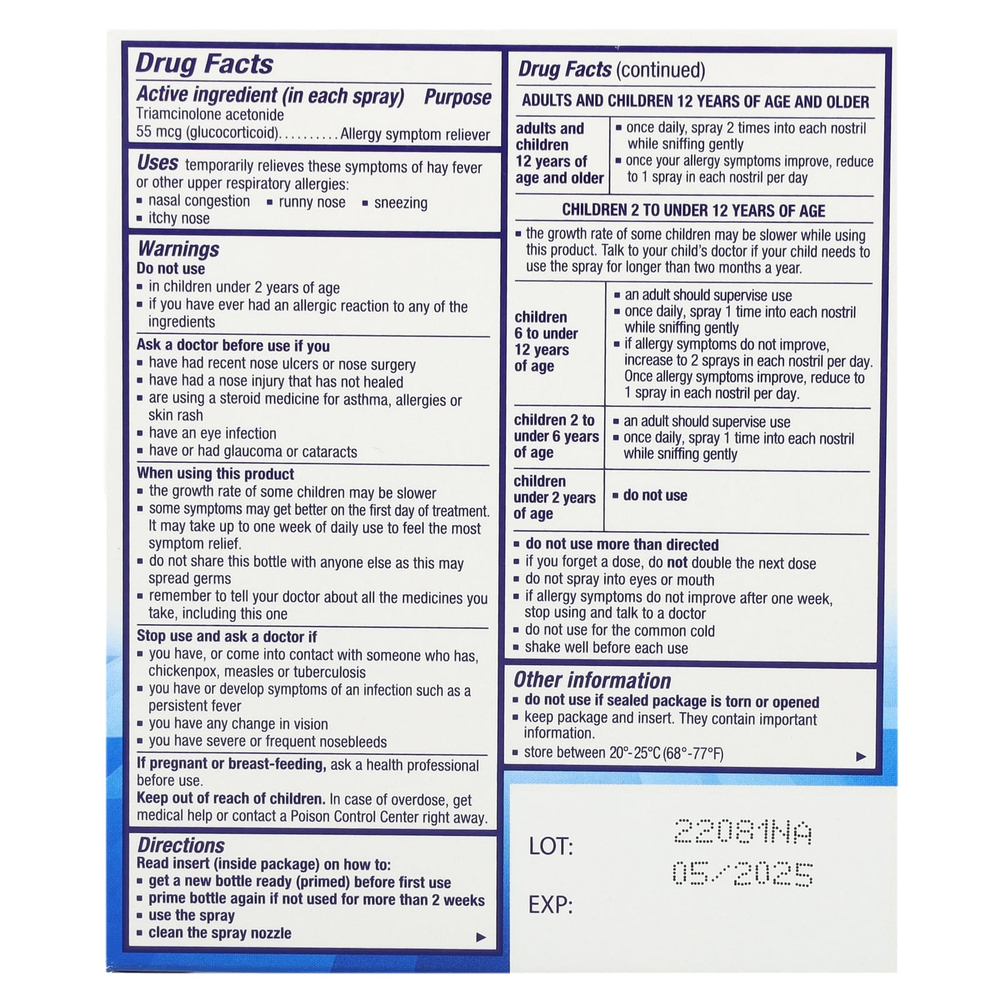 Nasacort, Multi-Symptom Allergy 24 HR, без спирта, без запаха, 55 мкг, 60 спреев, 10,8 мл (0,37 жидк. Унции)