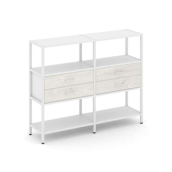 Shelf System Двухсекционный стеллаж трехярусный с ящиками SN.STM-322 Белый/Дуб Наварра/Металл Белый