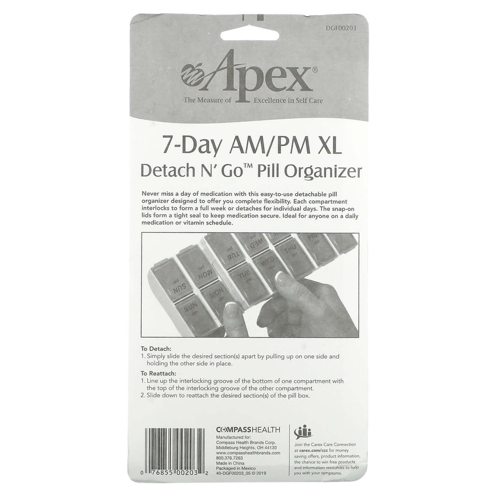 Apex, Detach N' Go Pill Organizer, 7-дневный органайзер для таблеток с учетом приема 2 раза в день, размер XL, 1 шт.