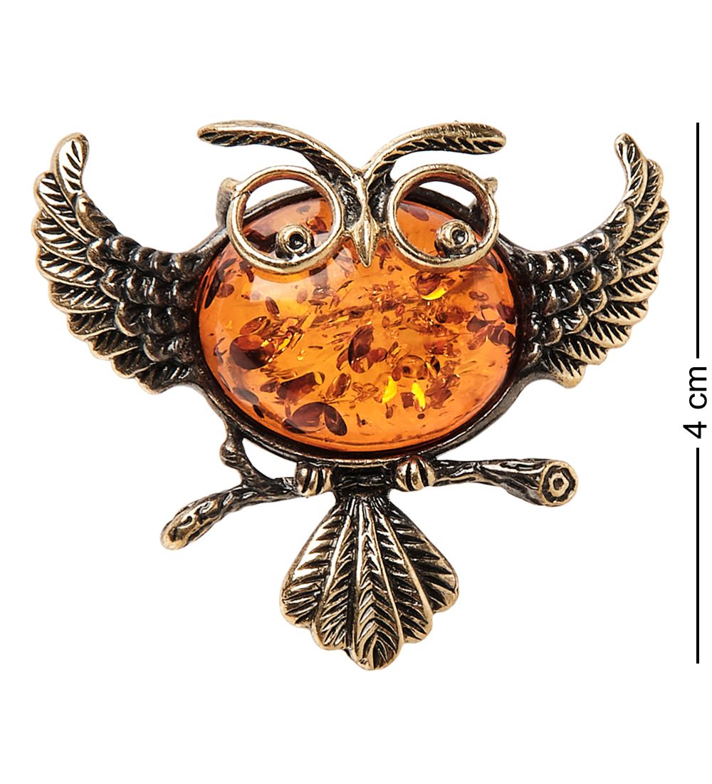 AM-2111 Брошь «Сова ученая» (латунь, янтарь)