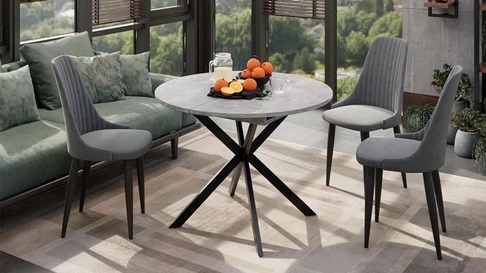 Стол кухонный обеденный круглый раздвижной Белый/Чёрный Муар, Мэдисон, 100,1х100х75 см