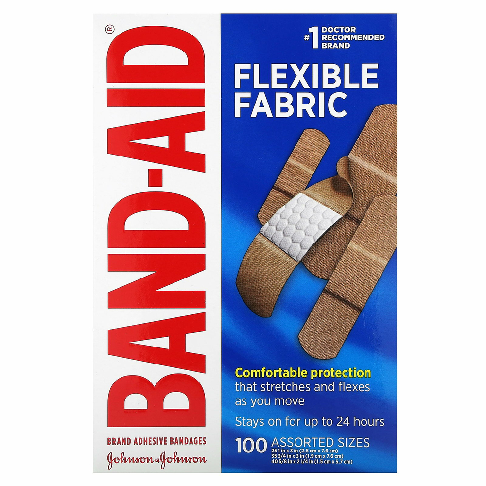 Band Aid, пластыри из гибкого материала, 100 шт. разных размеров