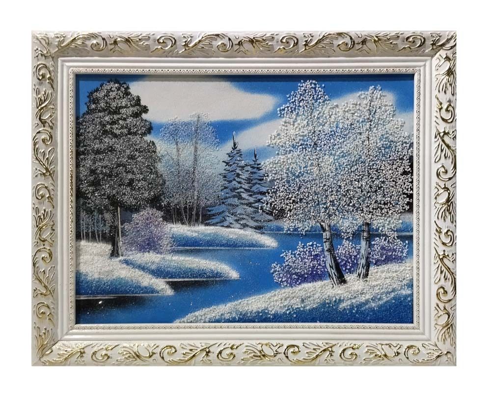 Картина №4 &quot; Зима&quot; рисованная уральскими минералами в деревянном багете 38-48-2см