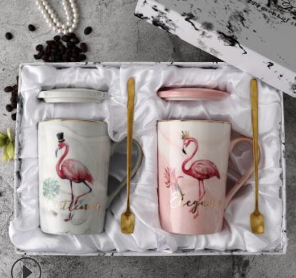 249027 Кружка ФЛАМИНГО "Набор 2 кружки" под.кор., h=12,3см, d=8см, 380мл, керамика розовый/серый